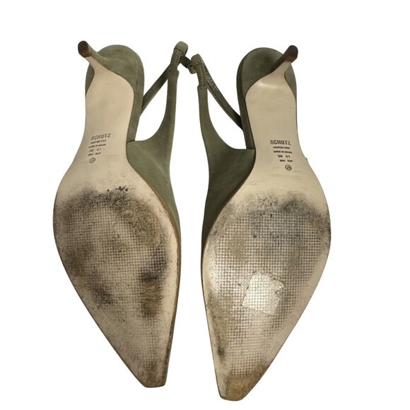 Schutz Olive Green Suede Pointed Toe Slingback Kitten Heels Size 8 - Picture 8 of 10